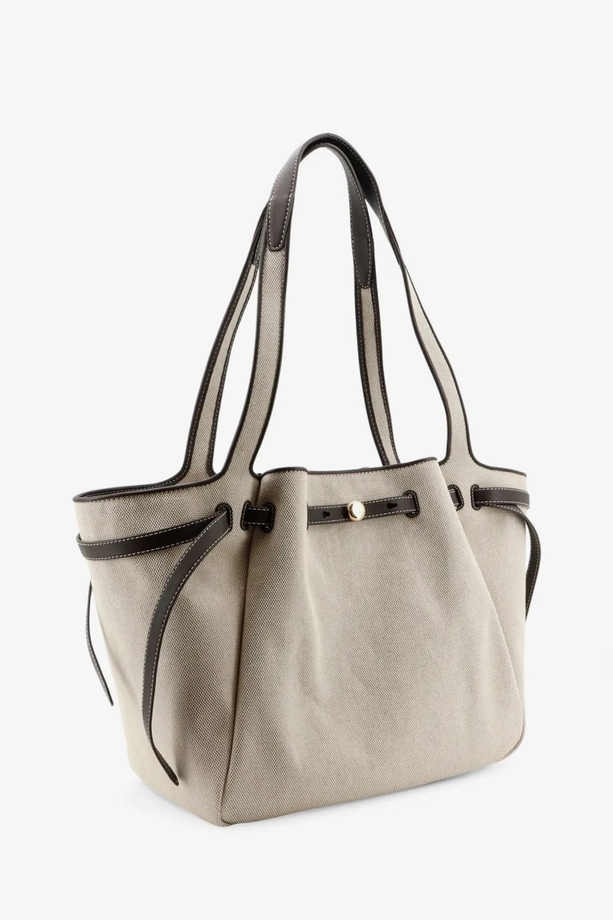 Tory Burch women’s Romy canvas tote bag in beige with black leather trim and handles for stylish everyday use