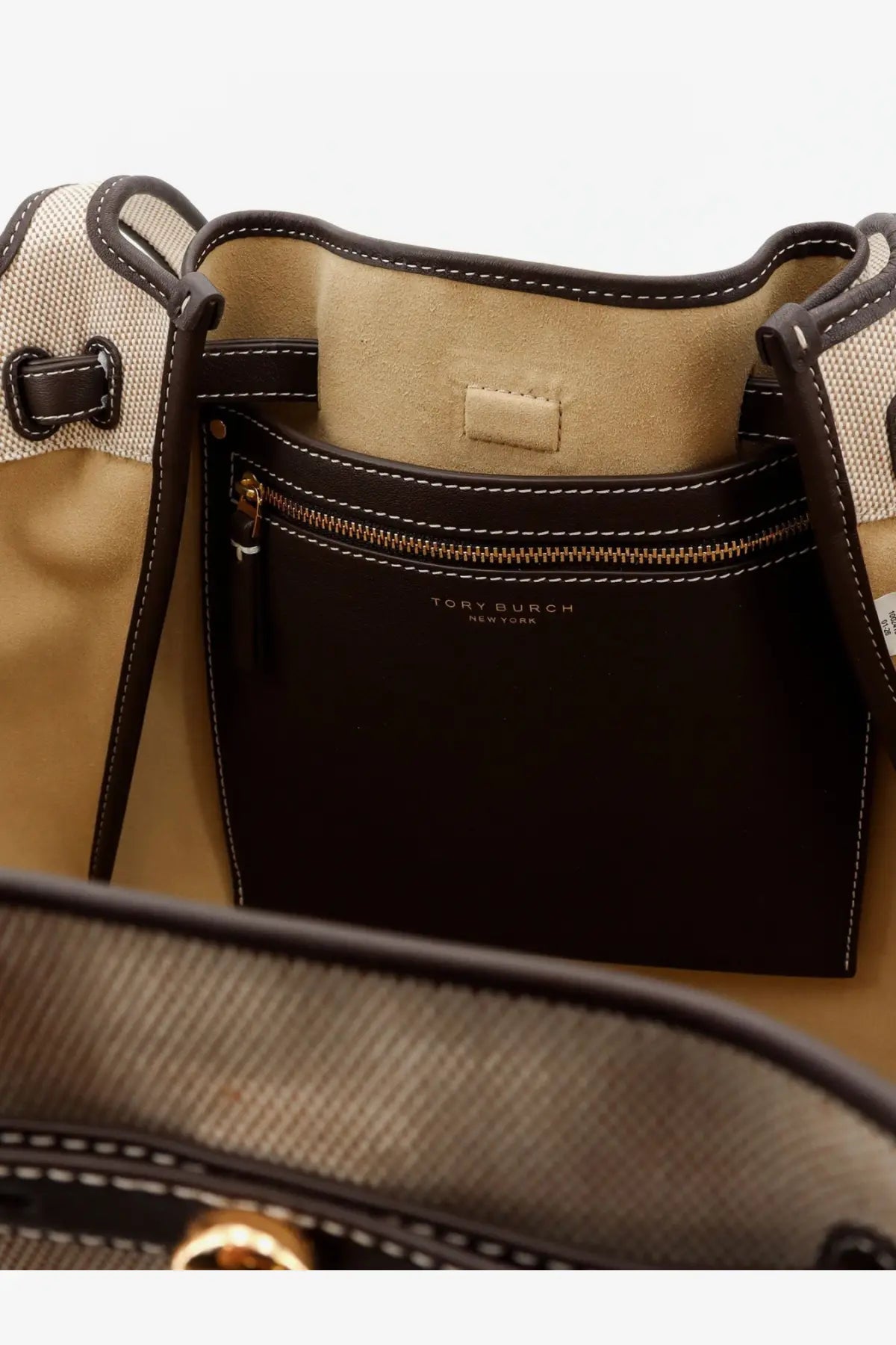 Tory Burch womens Romy canvas tote bag grey with beige and black bucket bag design and zippered interior pocket