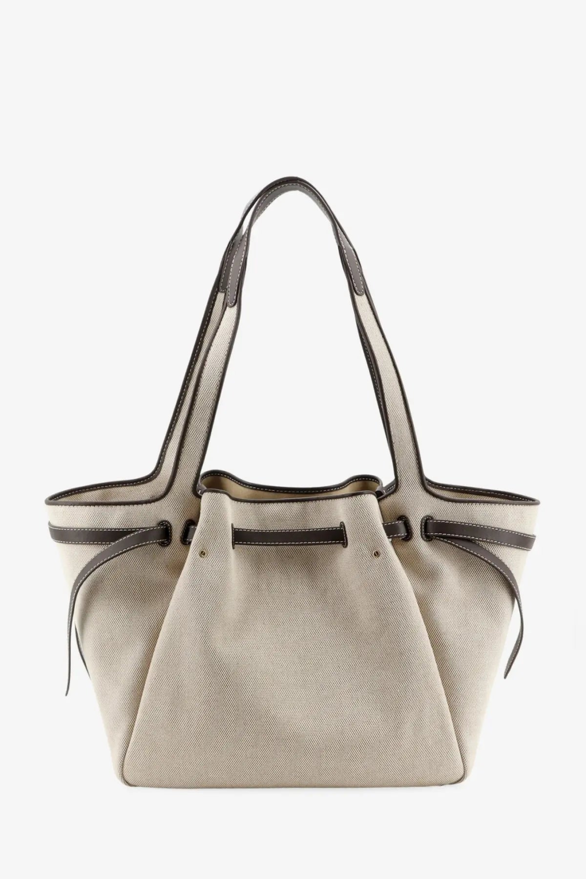 Beige canvas tote bag with dark brown leather trim and handles from tory burch womens romy canvas tote bag grey collection