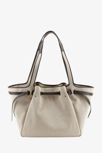 Beige canvas tote bag with dark brown leather trim and handles from tory burch womens romy canvas tote bag grey collection