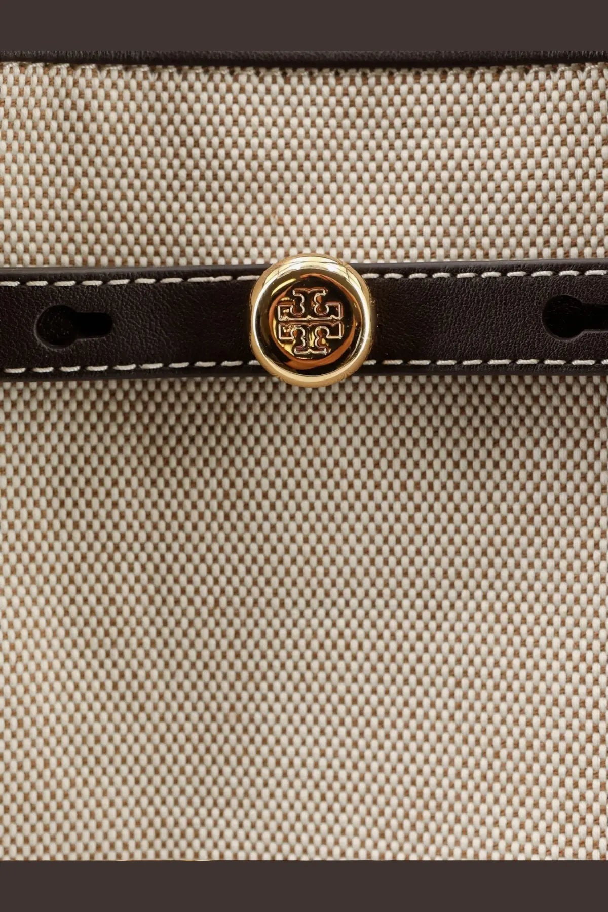 Beige woven canvas tory burch womens romy tote bag with black leather strap and gold-tone logo clasp in grey