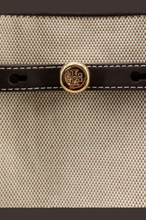 Beige woven canvas tory burch womens romy tote bag with black leather strap and gold-tone logo clasp in grey