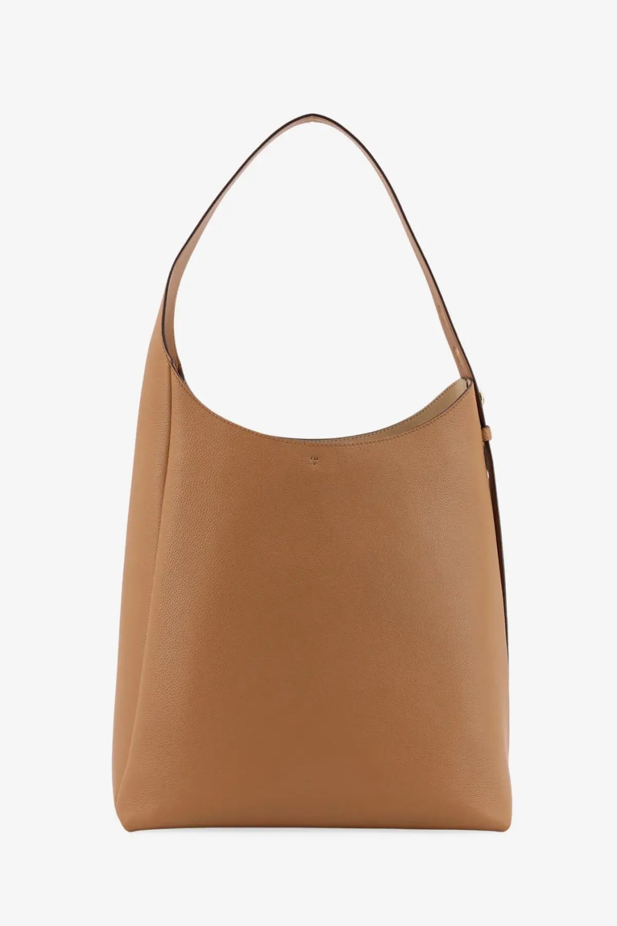 Tory Burch women’s Romy hobo leather bag brown with smooth pebbled texture and minimalist tan design