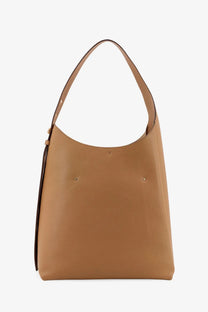 Tory Burch women’s romy hobo leather bag in brown tan with textured surface and gold-tone hardware accents