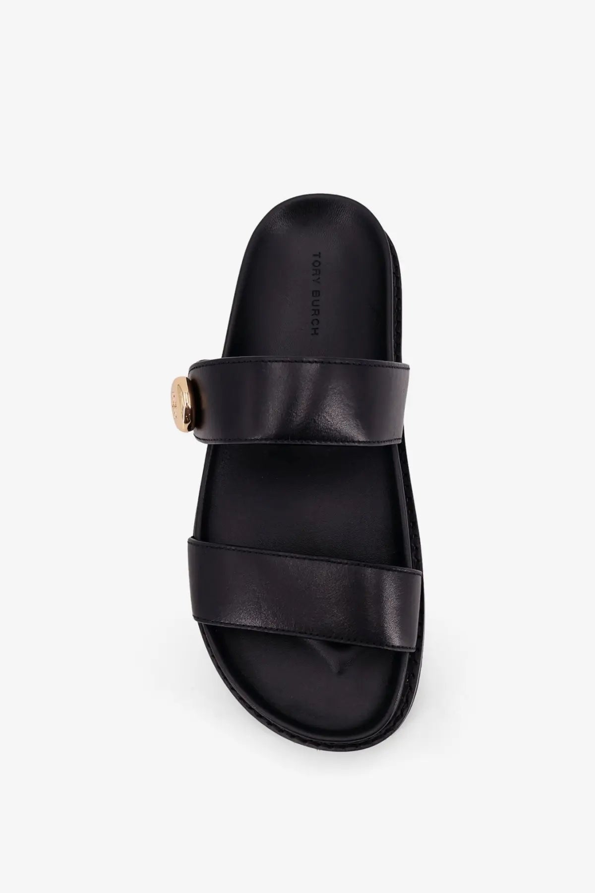 Black leather slide sandal with gold tone button closure from tory burch womens romy leather sandals black