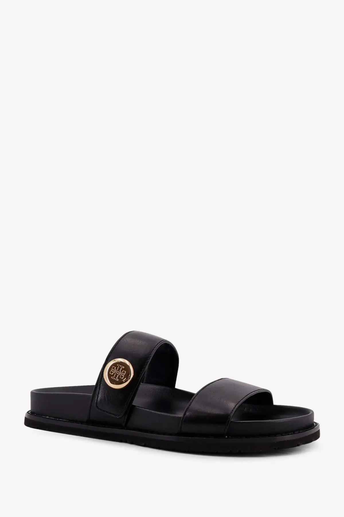 Black leather slide sandal with gold toned circular tory burch logo buckle for women