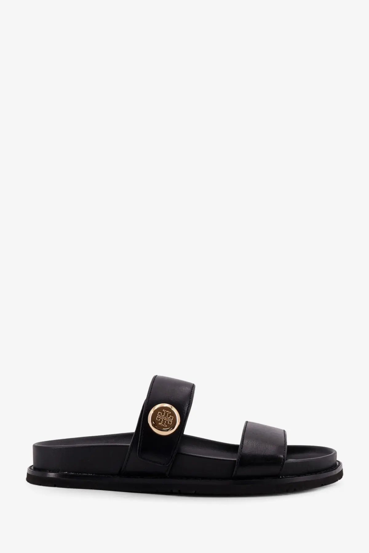 Tory burch women’s romy black leather slide sandal with gold-toned circular logo buckle on top