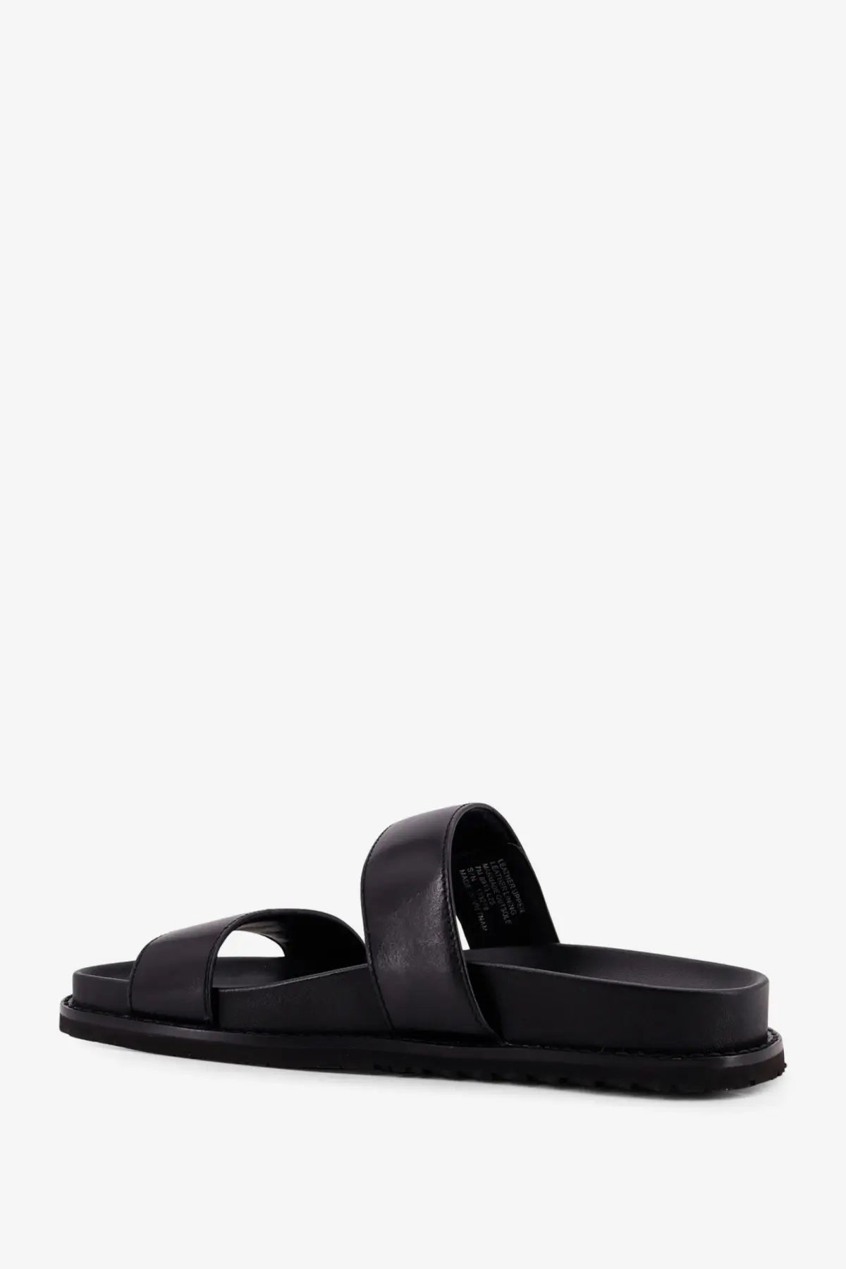 Tory burch women’s romy black leather slide sandal with two straps and flat cushioned sole visible from front