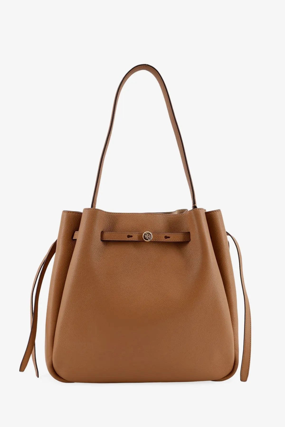 Tory Burch women’s Romy leather shoulder bag in brown tan leather with drawstring closure and gold-tone logo clasp