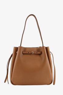 Tory Burch women’s Romy leather shoulder bag in brown tan leather with drawstring closure and gold-tone logo clasp