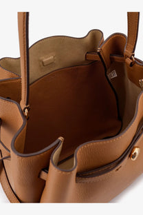 Tory Burch women’s Romy leather shoulder bag in brown tan leather with textured surface and gold-tone hardware accents