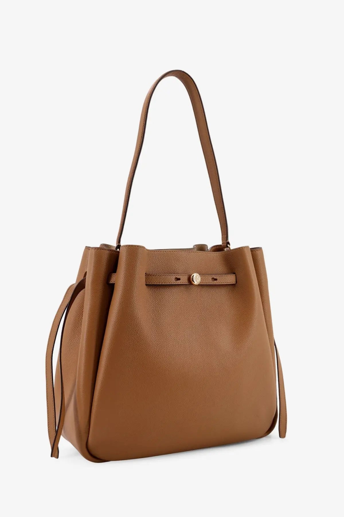 Tory Burch women’s brown romy leather shoulder bag tan pebbled leather bucket bag with gold buckle and adjustable strap