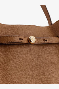 Tory Burch women’s Romy leather shoulder bag in brown tan pebbled leather with gold-tone circular logo clasp