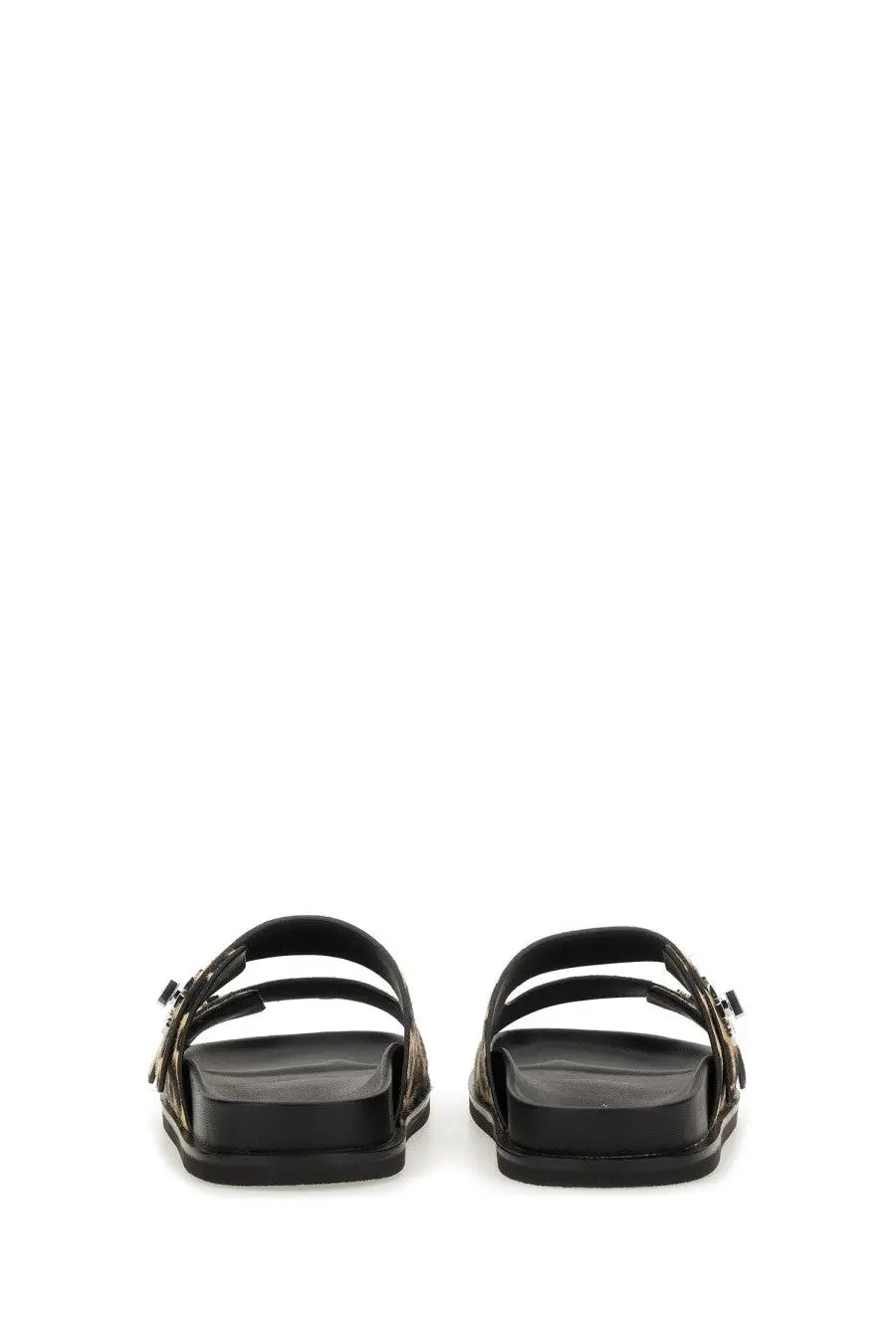 Tory Burch women’s black leather slide sandals with chunky sole and metallic buckle details