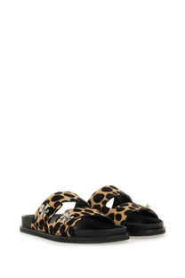 Tory Burch women’s sandal lock black leopard print double-strap slide sandals with black rubber soles and silver logo hardware