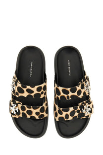 Tory burch women’s sandal lock black leopard print slide sandals with black straps and silver logo buckles