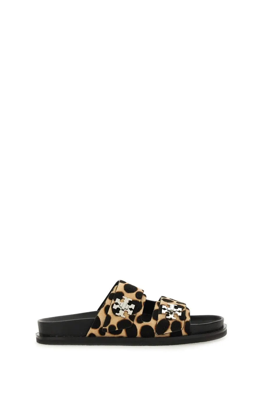 Leopard-print slide sandal with silver-tone tory burch logo hardware in black for women