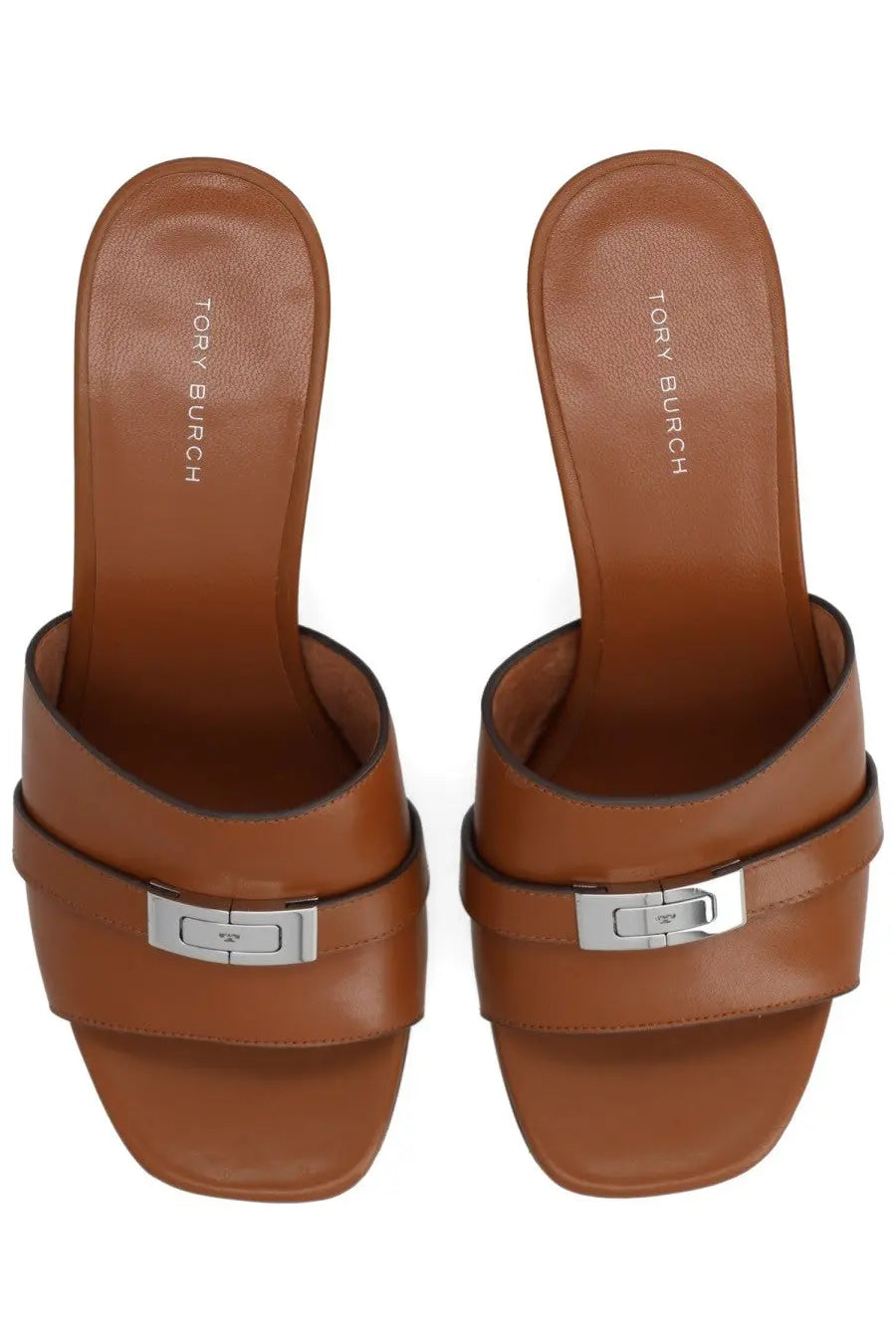 Brown leather tory burch women’s slide sandals with silver-tone buckle accents totelee mule style