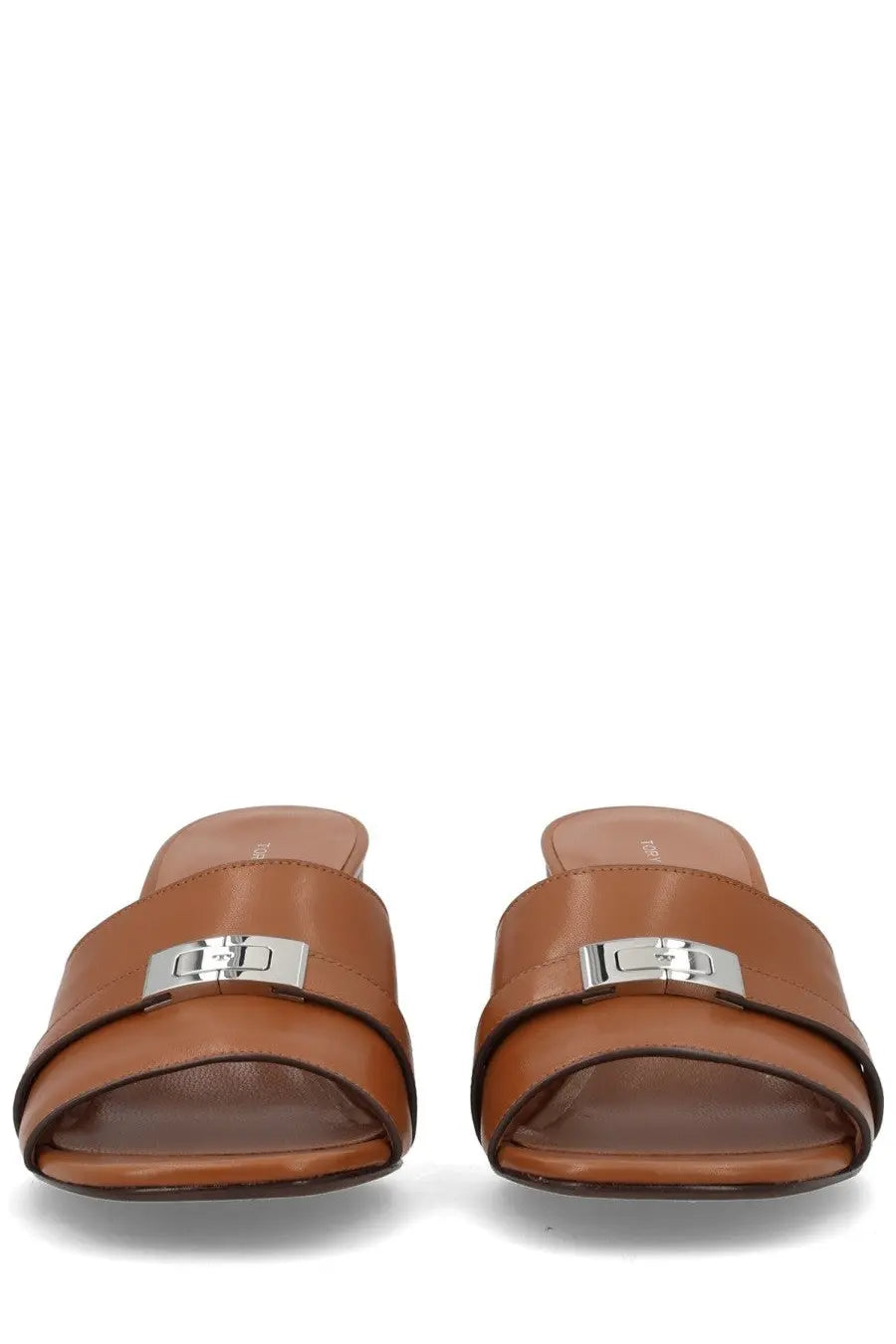 Brown leather slide sandals with silver-toned buckle accent from tory burch womens sandal mule leelee brown