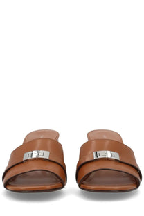 Brown leather slide sandals with silver-toned buckle accent from tory burch womens sandal mule leelee brown