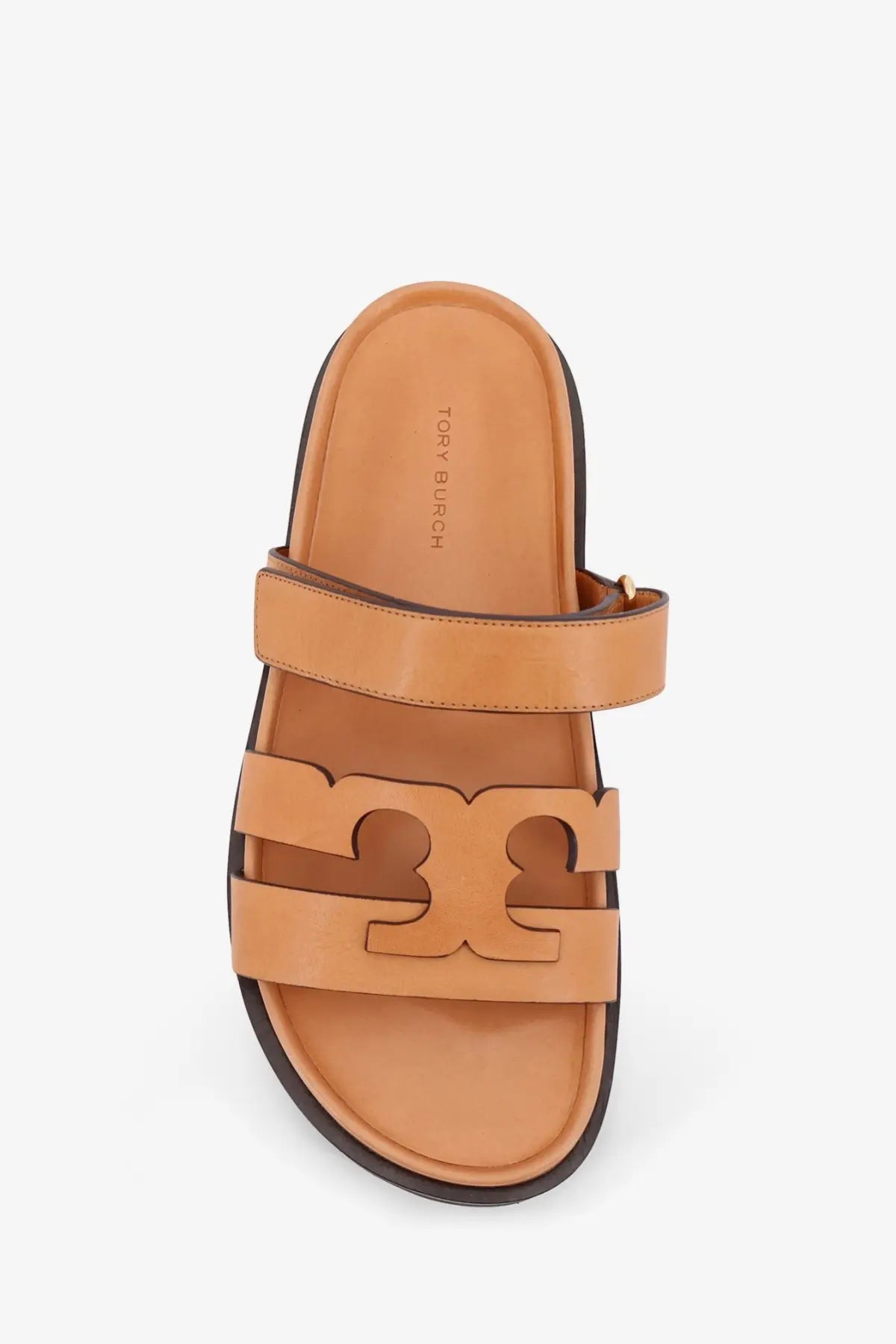 Tan leather tory burch women’s slide sandal with signature logo cutout in beige pelle for casual wear