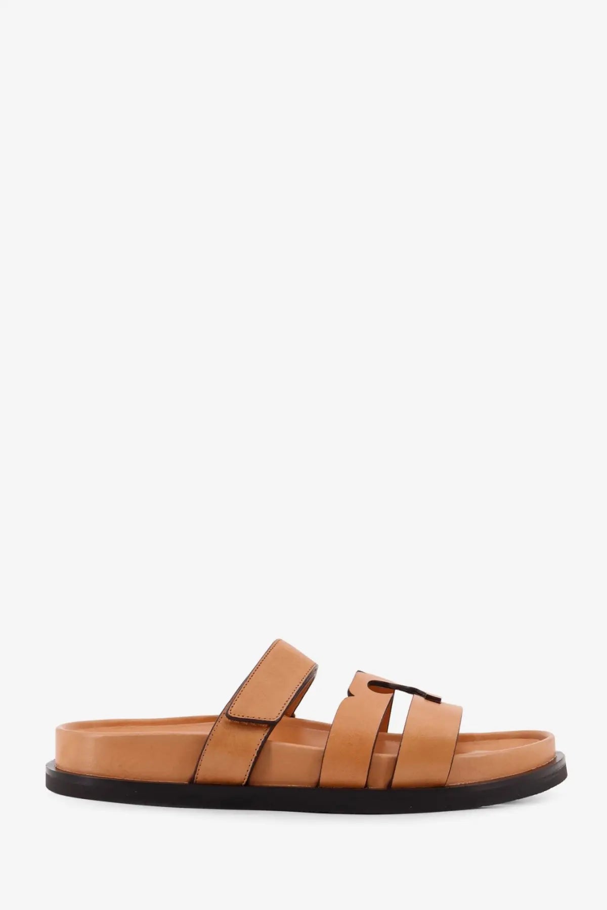 Tory burch women’s sandali ines tan leather slide sandal with black rubber sole and three straps including metallic logo