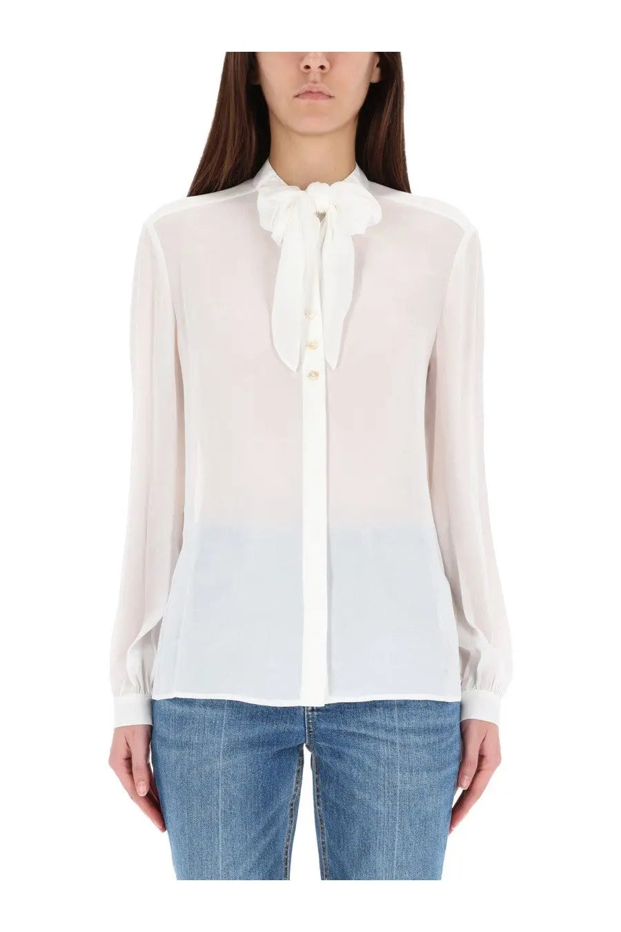 Tory Burch women’s white delicate sheer blouse with soft tie-neck detail and gradient blue fade at hem