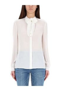 Tory Burch women’s white delicate sheer blouse with soft tie-neck detail and gradient blue fade at hem