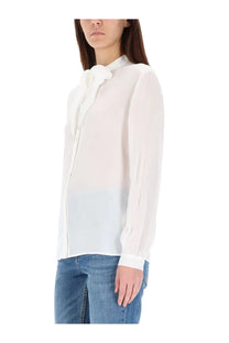 Tory Burch women’s white sheer blouse with soft tie neck detail and long sleeves in delicate fabric