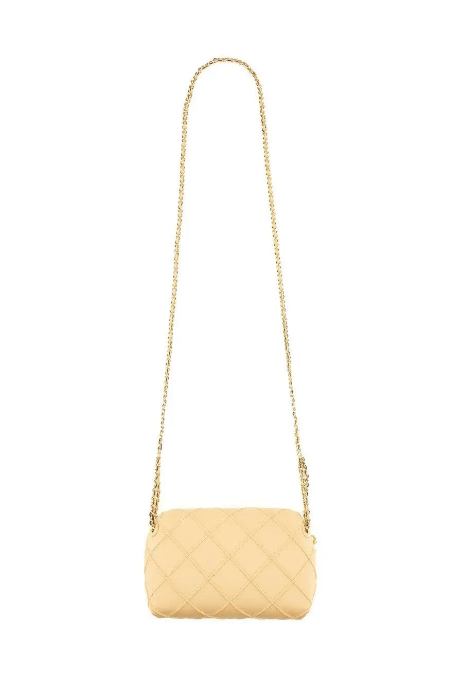 Cream-colored quilted leather crossbody bag with gold-tone chain strap by Tory Burch women’s shoulder bag Fleming beige