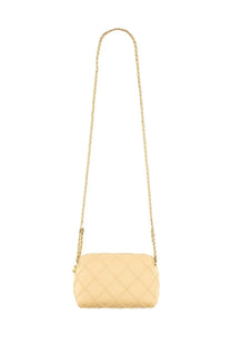Cream-colored quilted leather crossbody bag with gold-tone chain strap tory burch women’s shoulder bag fleming beige