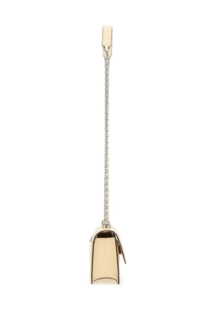 Cream-colored leather tory burch women’s shoulder bag with silver chain strap small beige flemming crossbody bag