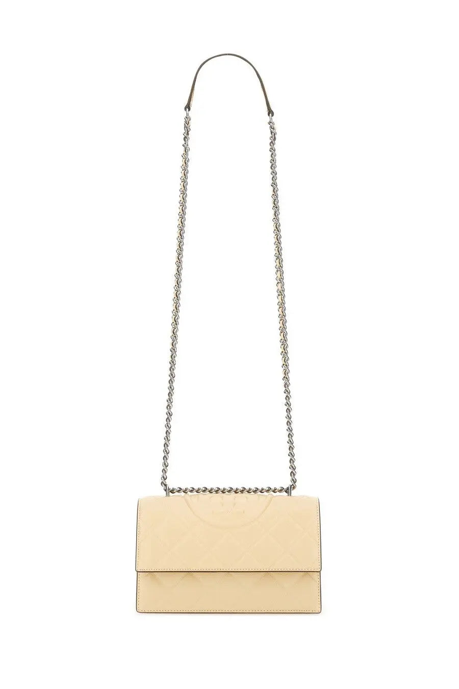 Tory Burch women’s shoulder bag Fleming small beige cream-colored quilted leather crossbody with silver chain strap