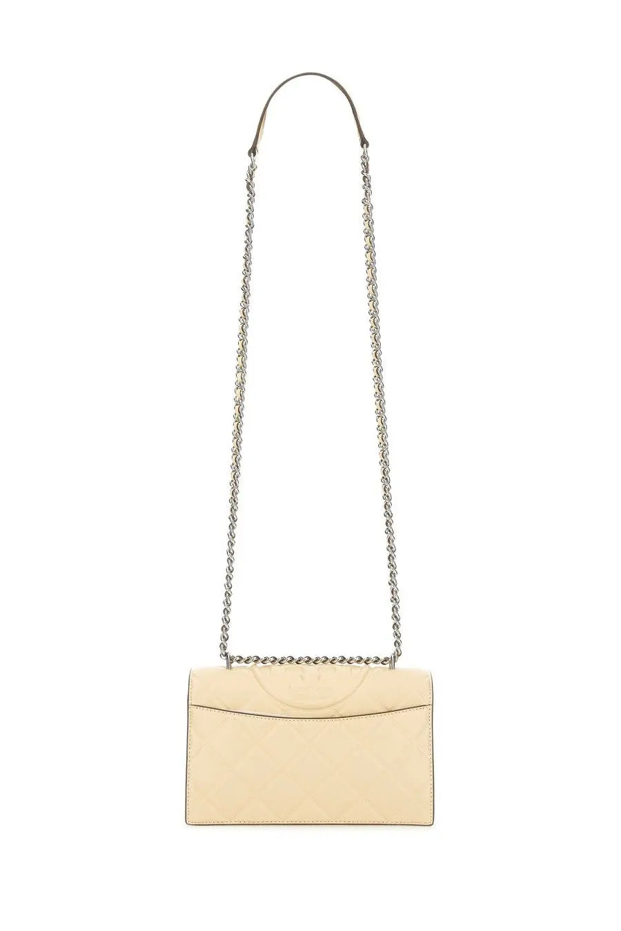 Cream-colored leather crossbody bag with silver chain strap and subtle stitching tory burch women’s shoulder bag Fleming small beige