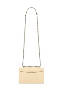 Cream-colored leather crossbody bag with silver chain strap and subtle stitching tory burch women’s shoulder bag Fleming small beige