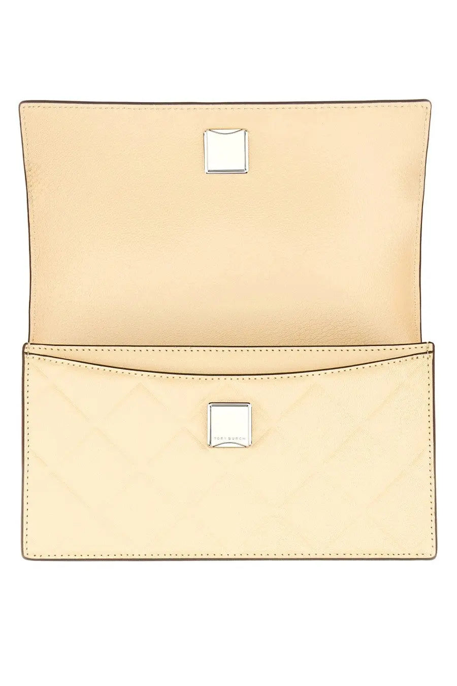 Tory burch women’s small beige leather shoulder bag with silver rectangular clasps and subtle stitching