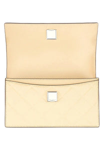 Tory burch women’s small beige leather shoulder bag with silver rectangular clasps and subtle stitching