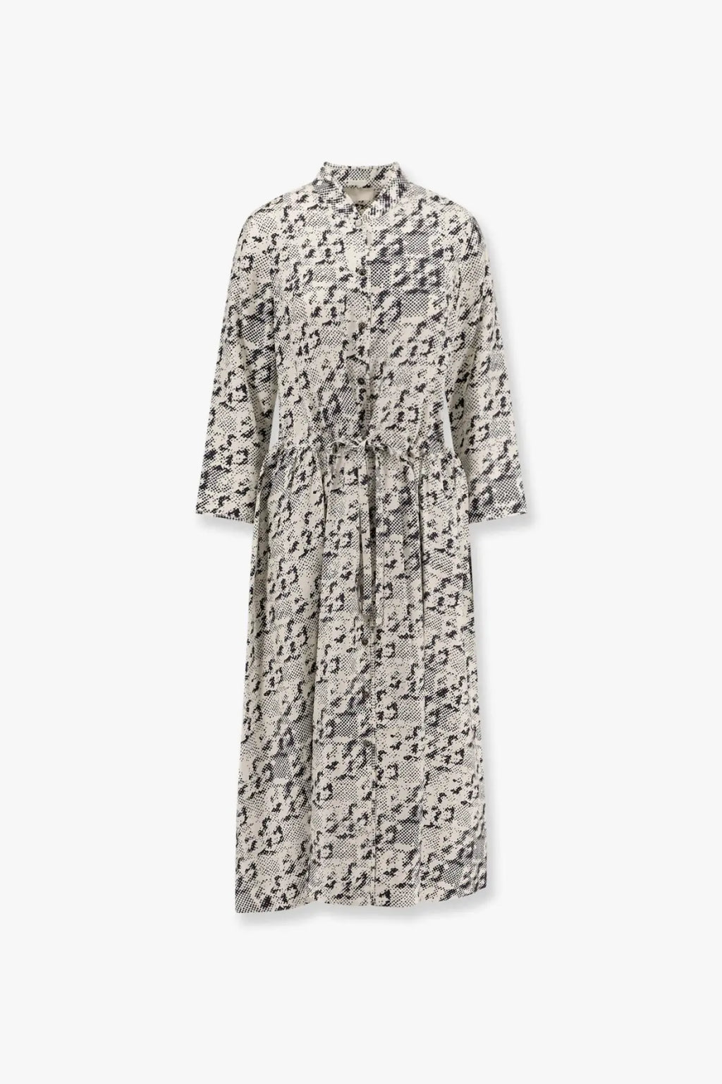 Tory Burch women’s silk long-sleeved dress in black and beige snake print with a fitted waist and matching belt