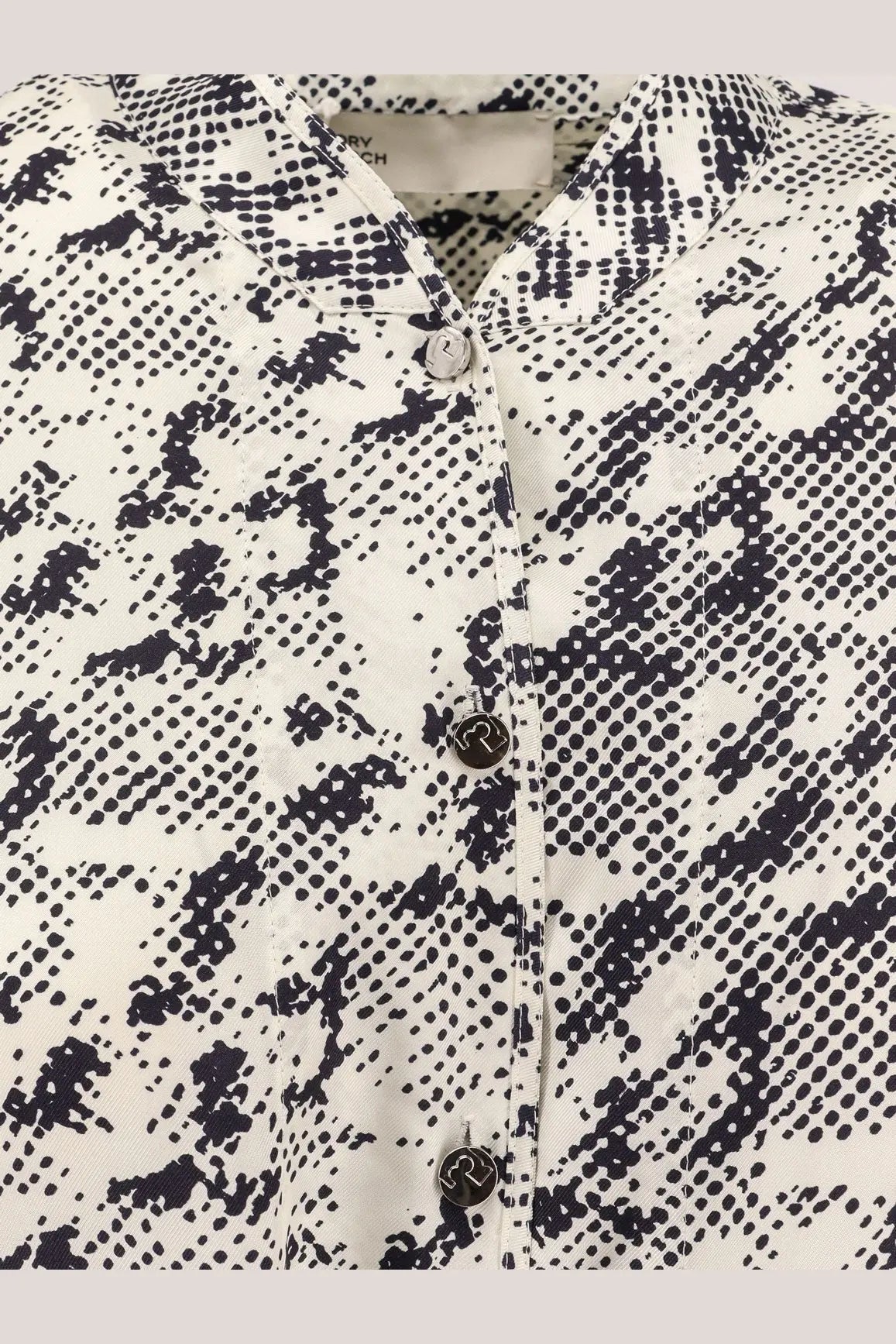 Tory Burch women’s silk dress black with a white blouse featuring black abstract dot and swirl pattern and dark buttons