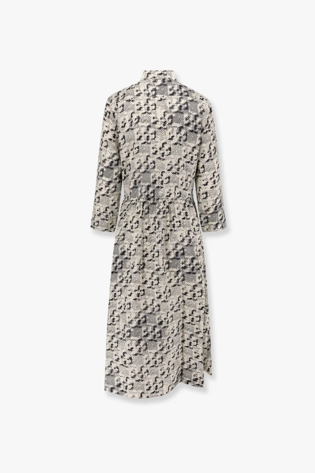 Tory Burch women’s long-sleeved high-neck silk dress in black and beige snake print fabric