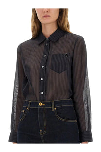 Tory burch women’s blue striped cotton shirt with button-down front and black pinstripe sheer mesh sleeves