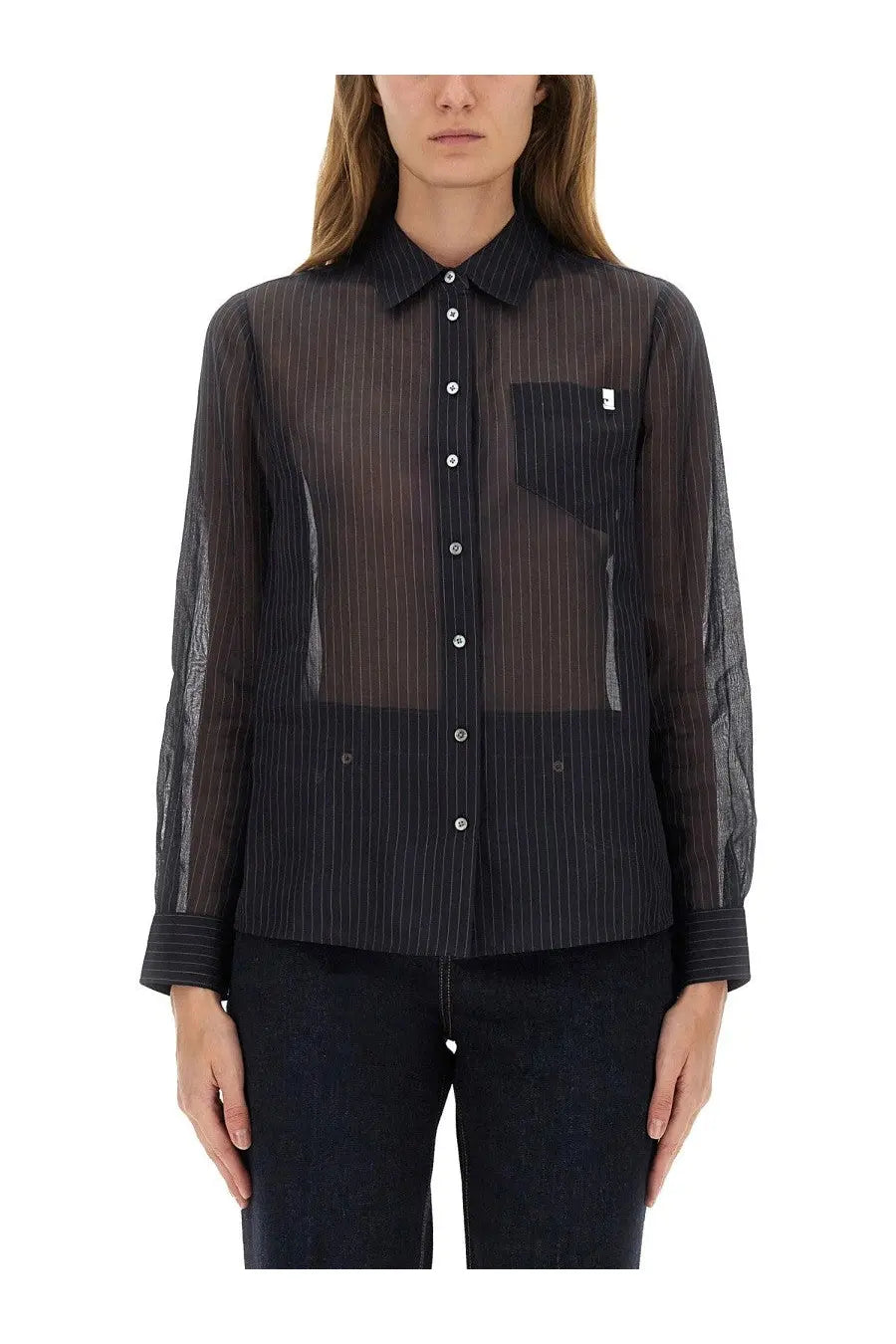 Tory Burch women’s blue striped cotton shirt with black pinstripe sheer blouse elements and solid black cuffs and collar