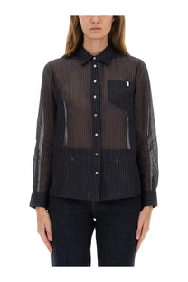 Tory Burch women’s blue striped cotton shirt with black pinstripe sheer blouse elements and solid black cuffs and collar