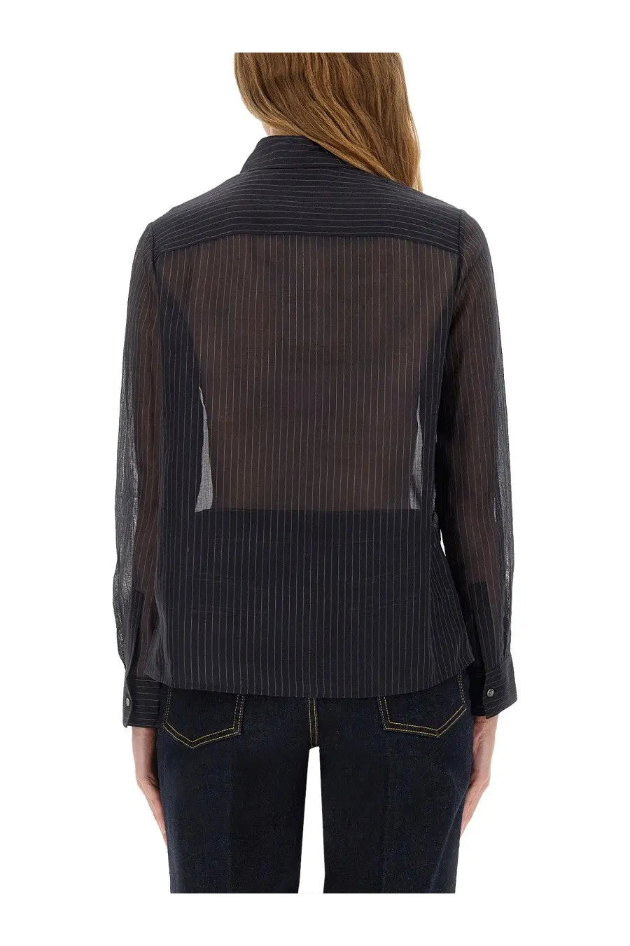 Black pinstripe sheer blouse with solid black collar and cuffs in Tory Burch women’s striped cotton shirt blue style