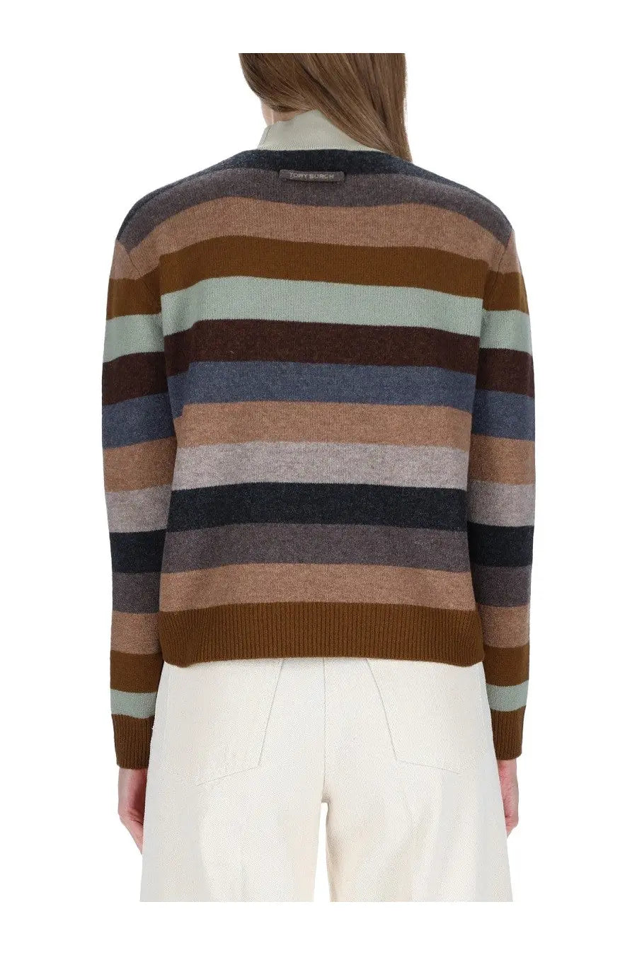 Tory Burch women’s multicolor striped long-sleeved cozy sweater in earthy brown beige gray and muted blue tones
