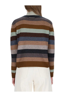 Tory Burch women’s multicolor striped long-sleeved cozy sweater in earthy brown beige gray and muted blue tones
