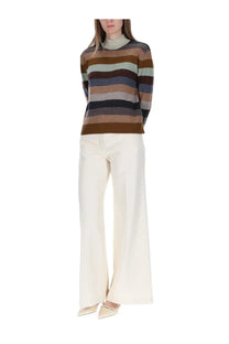 Tory Burch women’s cozy long-sleeved striped sweater in brown beige and muted blue earthy tones