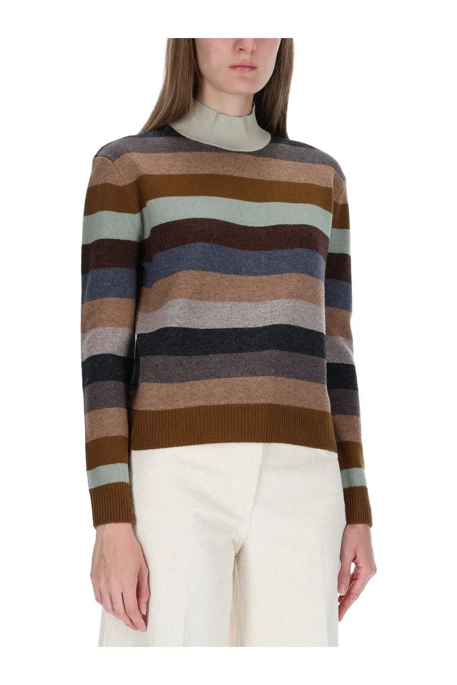 Tory Burch women’s cozy long-sleeved striped sweater in brown olive green and muted blue earthy tones