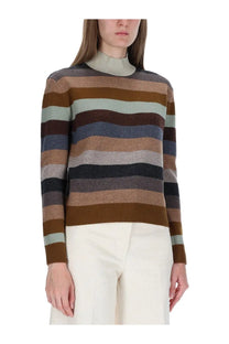 Tory Burch women’s cozy long-sleeved striped sweater in brown olive green and muted blue earthy tones