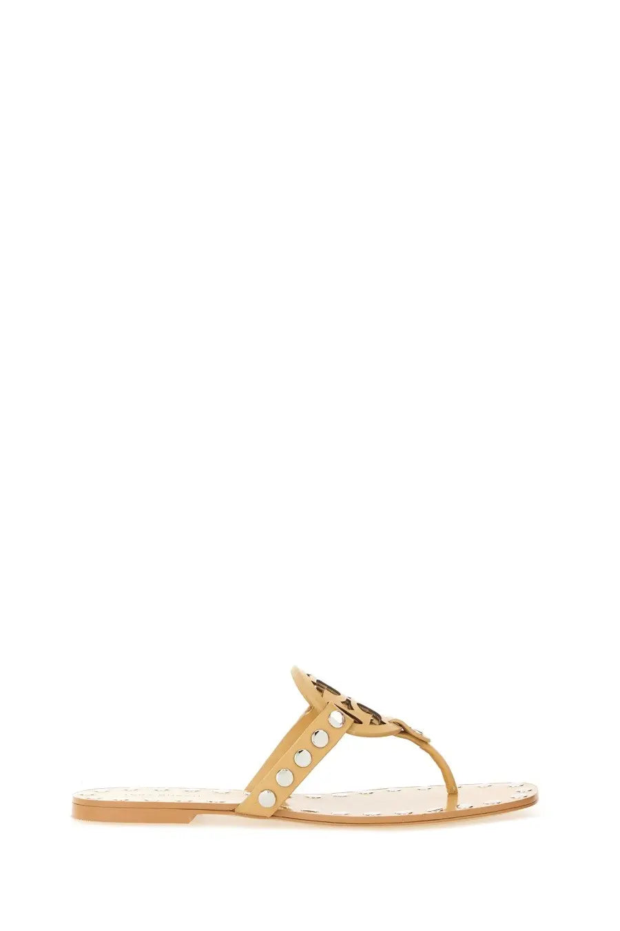 Tory burch women’s beige leather thong sandal with gold-tone circular studs and branded logo accent